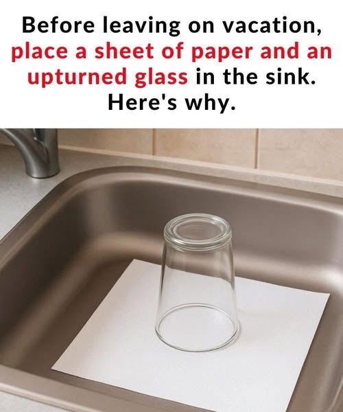 Leaving an upturned glass with a piece of paper in the sink before vacation prevents odors and bacteria buildup, allows airflow, and keeps the sink dry. It’s a simple, hygienic trick to maintain a fresh, clean kitchen while away.